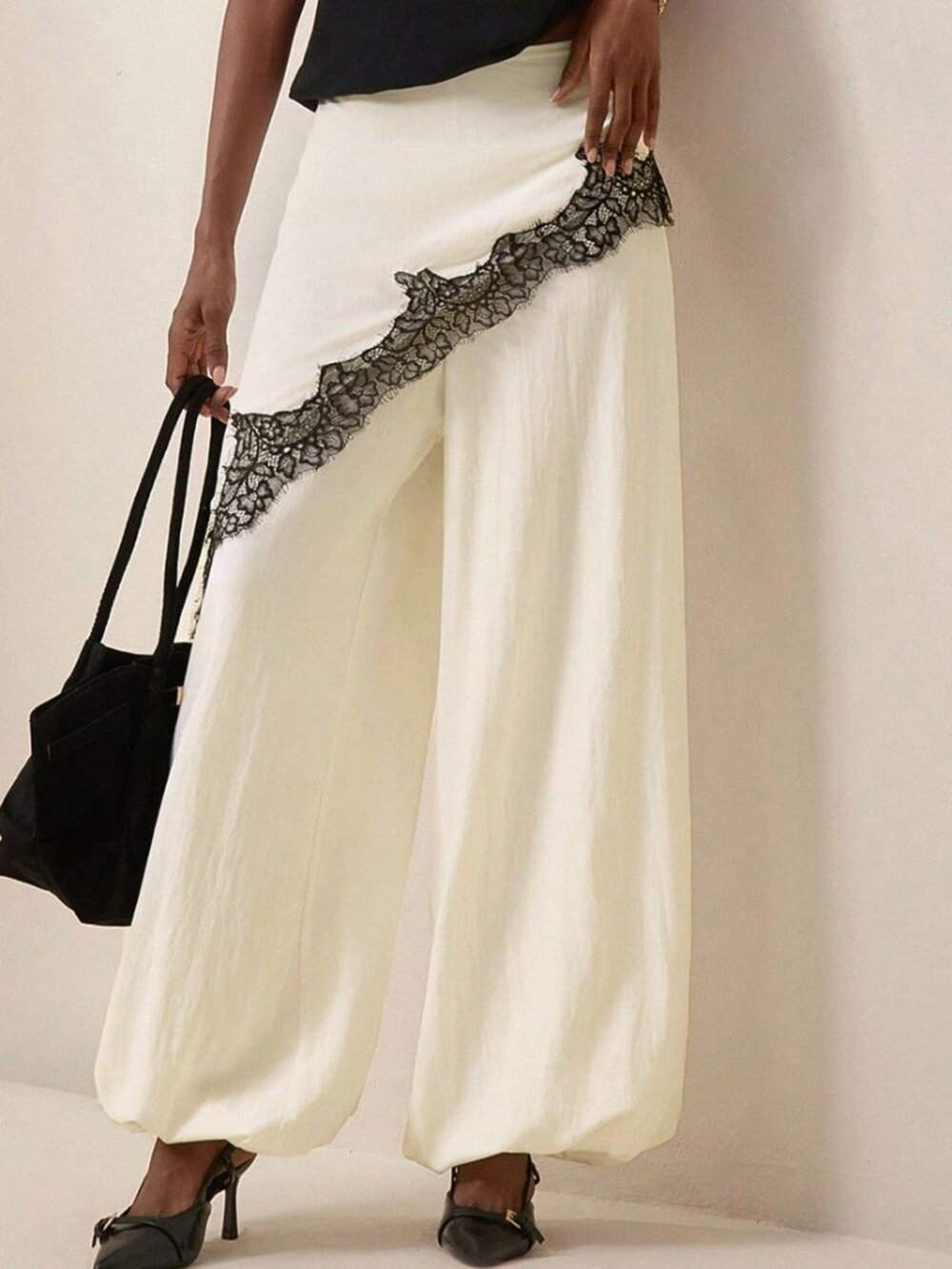 Apricot Casual Women's Contrast Lace Loose Wide Leg Pants - Picture 7 of 7